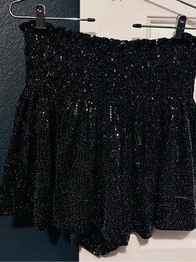 QOS—Black Sparkle Smocked Mini Skort